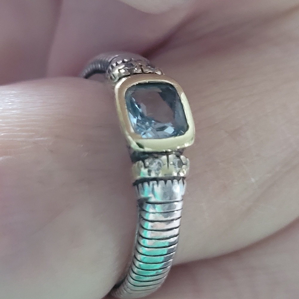 JR TWO 18K .925 Aquamarine & Diamond Ring Size 6